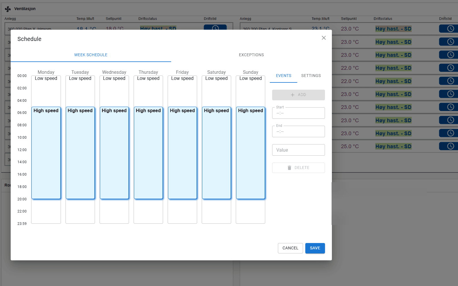 Piscada BAS week schedule interface for BACnet devices